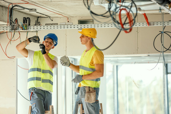 Elektriker bei der Arbeit auf Baustelle, Einsatz der Abacus ERP-Software AbaBau für das Baugewerbe