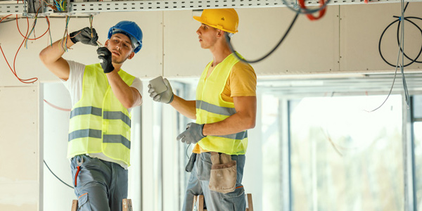 Zwei Elektroinstallateure bei der Installation von Leitungen im Innenausbau. ERP-Software für Bau- und Handwerksunternehmen unterstützt Planung, Projektmanagement und digitale Prozesse.