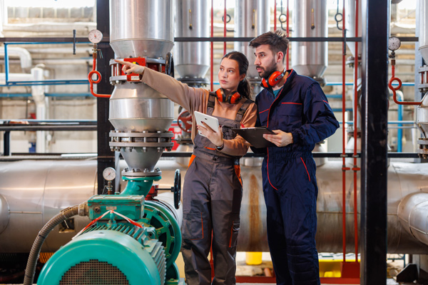 Gebäudetechniker prüfen Maschinenanlage, Effizienz mit AbaBau, der ERP-Software von Abacus