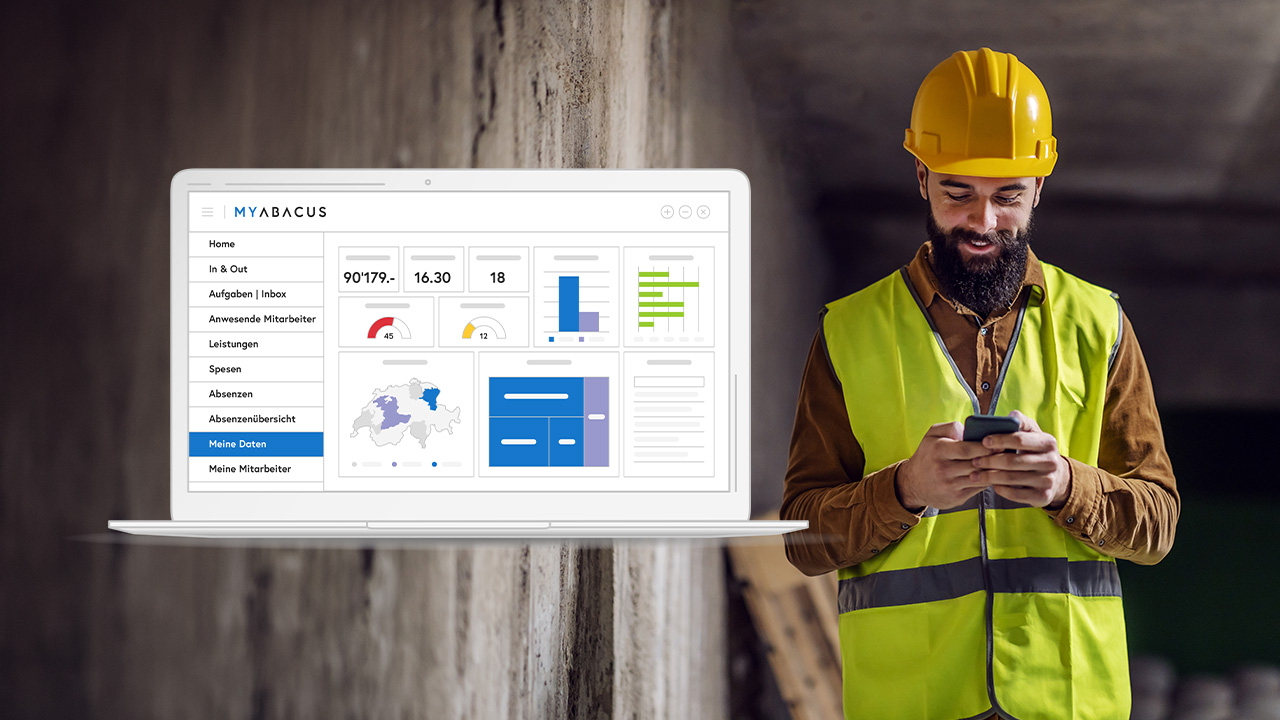 Abacus HR-Lösung für Unternehmen in der Baubrache mit digitaler Zeiterfassung, Personaladministration und Mitarbeiterportal.