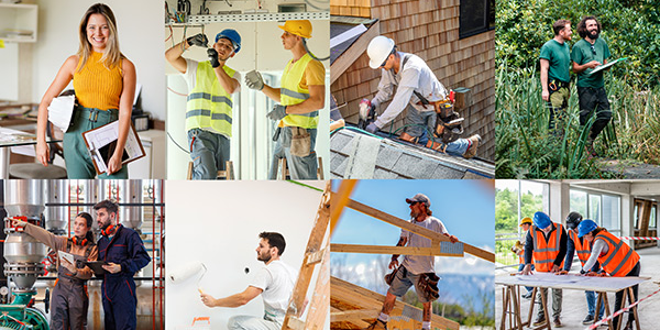 Collage mit Fachkräften aus Bau, Handwerk und Gartenbau bei ihrer täglichen Arbeit. Das Bild steht für die vielfältigen Einsatzbereiche einer ERP-Lösung für die Bau- und Handwerksbranche – von der Planung über die Ausführung bis zur Projektverwaltung.
